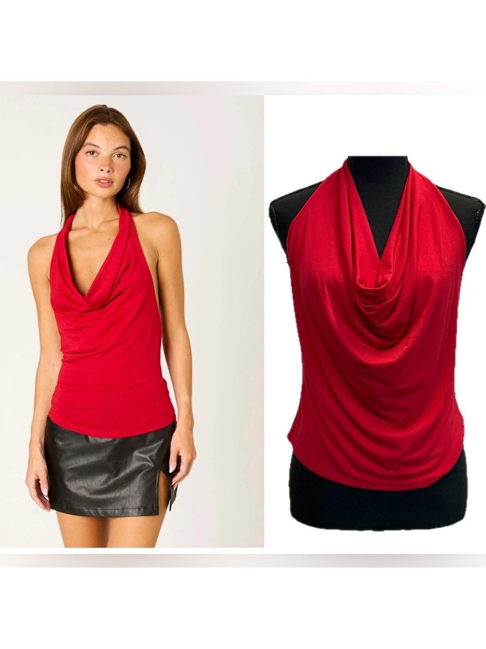 RIPE red draped cowl neck halter top open back Sz XL stretchy spandex NWOT